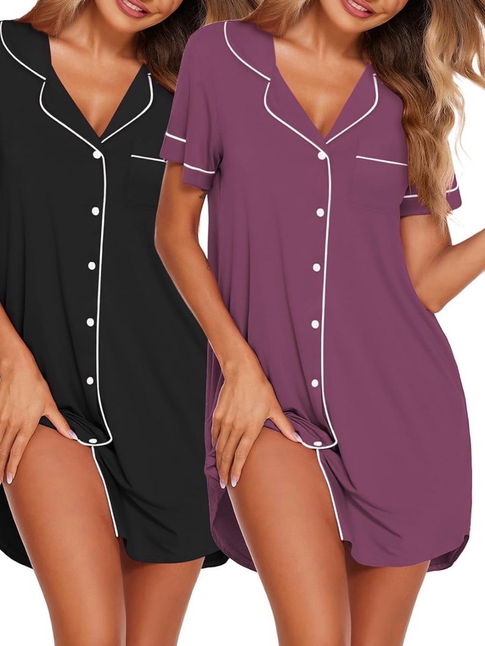 Women’s Button-Front Short Sleeve Maternity Nightshirt - Black & Plum